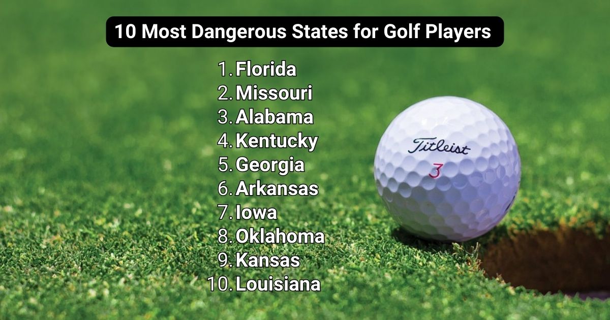 A picture of a golf ball on the tee green of a golf course, and a list of the most dangerous states for golf.