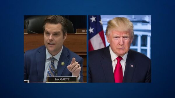 an image of Florida Congressman Matt Gaetz at his seat in the US House Chamber, to the left of a photo of Donald Trump in front of the White House.