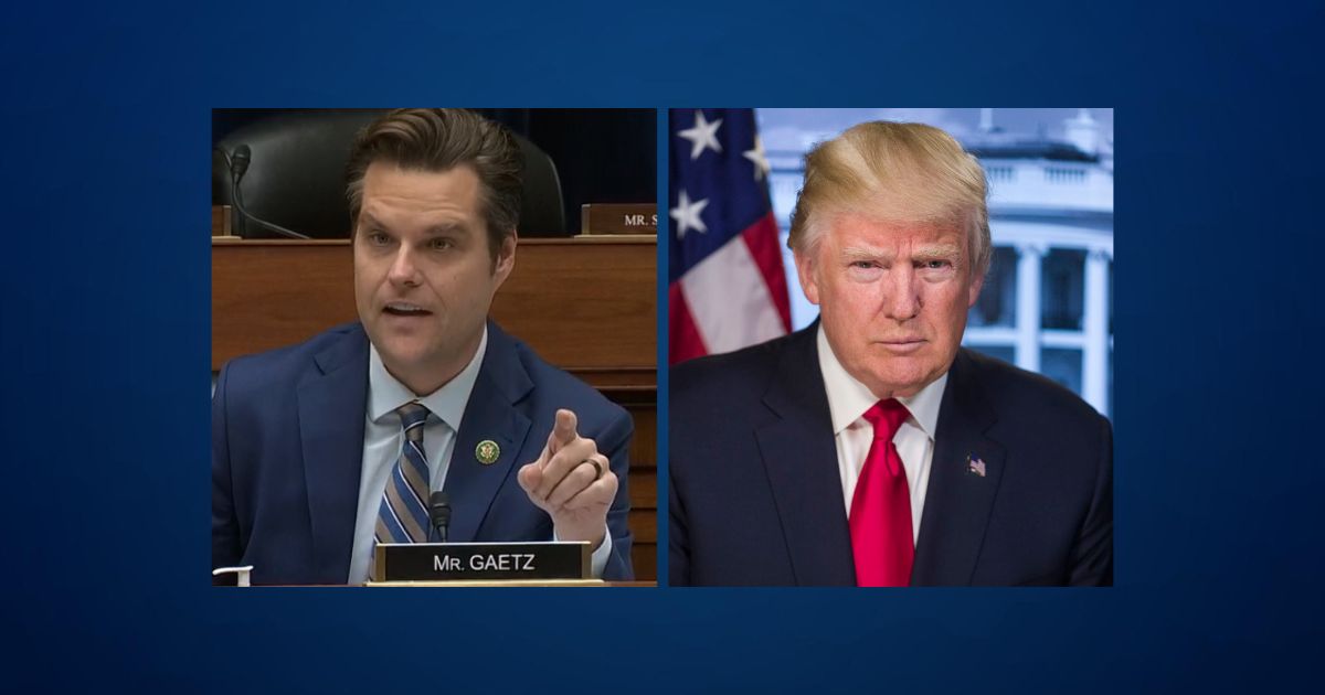 an image of Florida Congressman Matt Gaetz at his seat in the US House Chamber, to the left of a photo of Donald Trump in front of the White House.