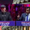 A picture of Elon Musk at a Trump Rally and Vivek Ramaswamy speaking at a blue podium that reads Trump Vance.