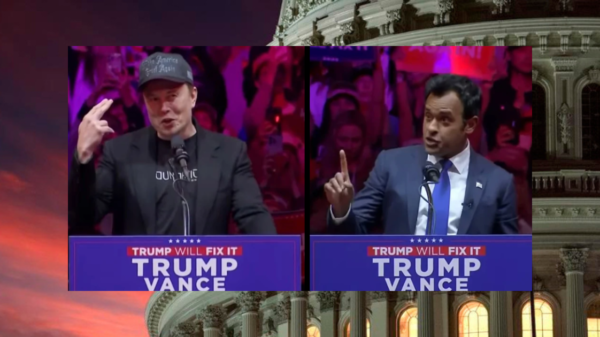 A picture of Elon Musk at a Trump Rally and Vivek Ramaswamy speaking at a blue podium that reads Trump Vance.