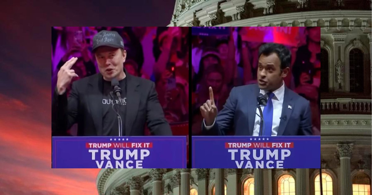 A picture of Elon Musk at a Trump Rally and Vivek Ramaswamy speaking at a blue podium that reads Trump Vance.