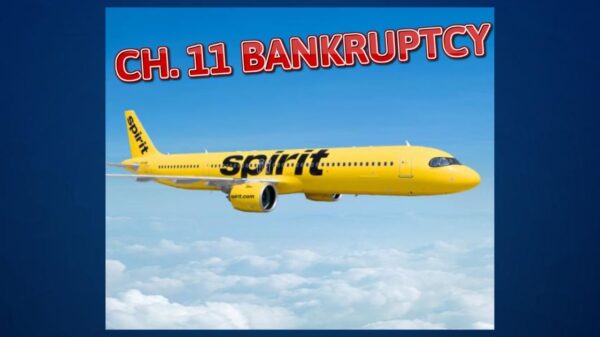 A yellow-colored passenger jet plane with the word Spirit on the side.