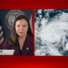 A picture of Florida Attorney General Ashley Moody giving a speech, next to a satellite image of a storm.