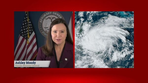 A picture of Florida Attorney General Ashley Moody giving a speech, next to a satellite image of a storm.