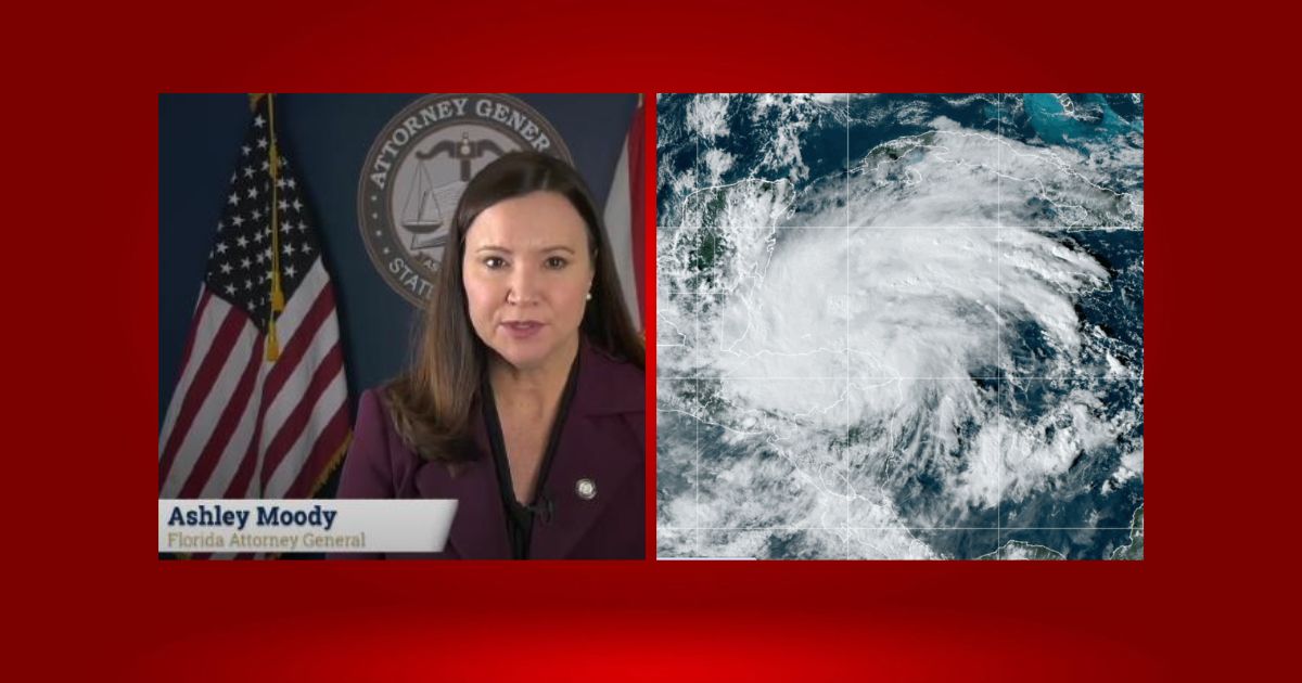 A picture of Florida Attorney General Ashley Moody giving a speech, next to a satellite image of a storm.