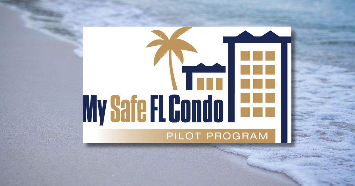 A picture of ocean water tide along a beach, with a graphic and the logo that reads My Safe FL Condo Pilot program.