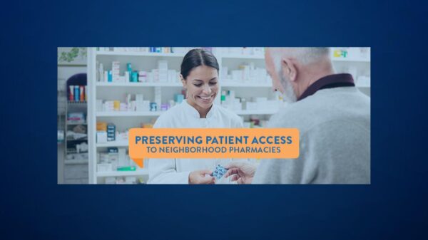 A picture of a pharmacist working in a pharmacy, with a graphic banner that reads Preserving Patient Access to Neighborhood Pharmacies