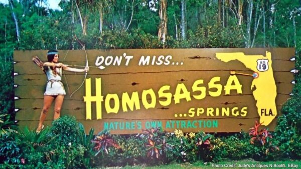 A brown colored billboard that reads Don't Miss Homosassa Springs