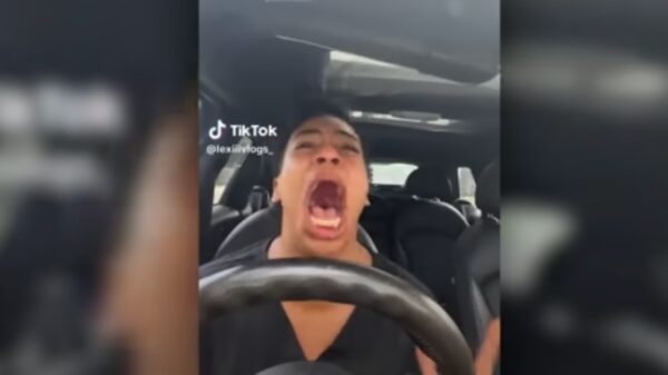 A screenshot of a woman on tiktok yelling in her car about Donald Trump being elected in 2024