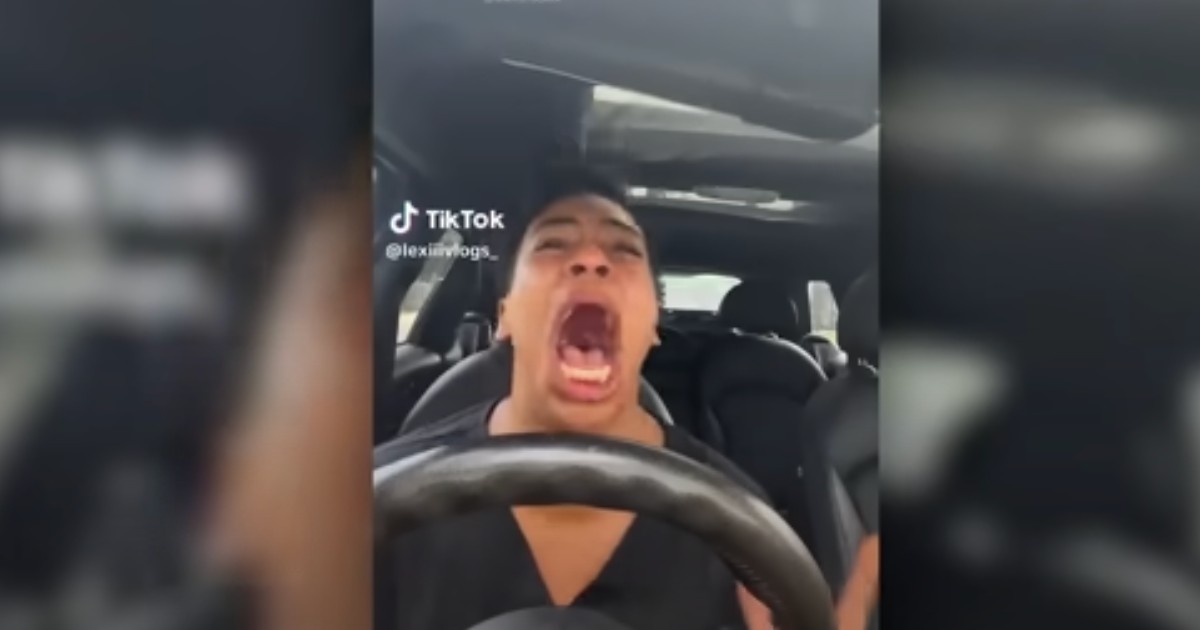 A screenshot of a woman on tiktok yelling in her car about Donald Trump being elected in 2024