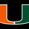 The orange and green colored logo for the university of Miami Florida against a black background