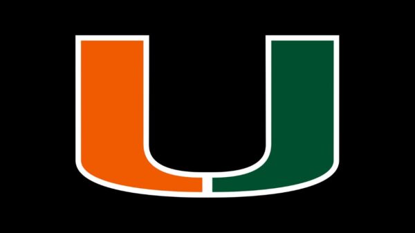 The orange and green colored logo for the university of Miami Florida against a black background