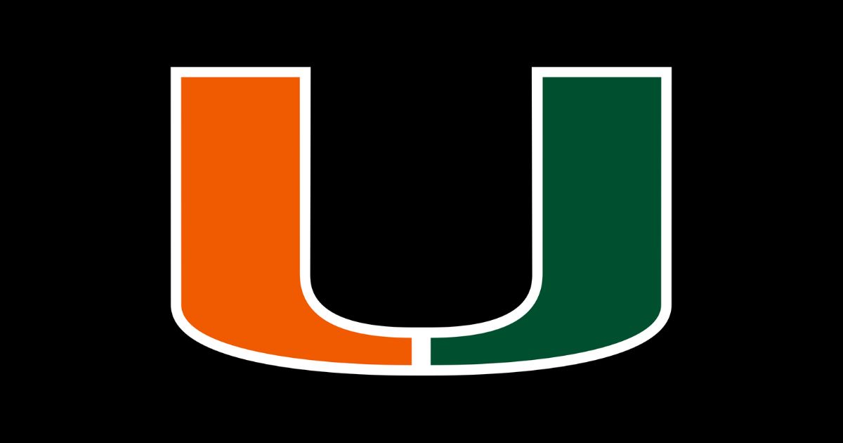 The orange and green colored logo for the university of Miami Florida against a black background