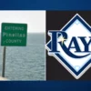 A picture of a green road sign that reads Welcome to Pinellas County, with the Tampa Bay Rays logo to the right.