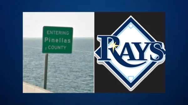 A picture of a green road sign that reads Welcome to Pinellas County, with the Tampa Bay Rays logo to the right.