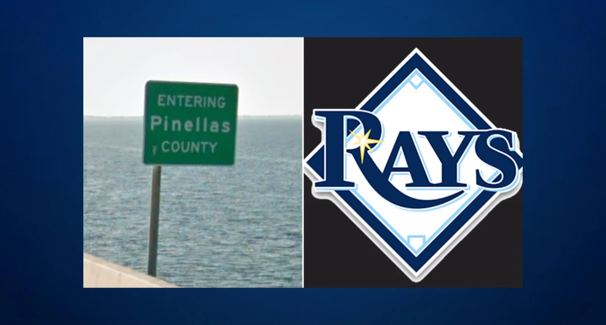 A picture of a green road sign that reads Welcome to Pinellas County, with the Tampa Bay Rays logo to the right.